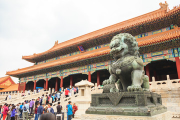 Entrance with a lion figure to The Forbidden City in Beijing, China
