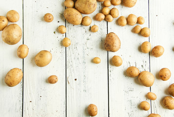 junge frische rohe Kartoffeln ernte Tisch overhead freiraum textfreiraum