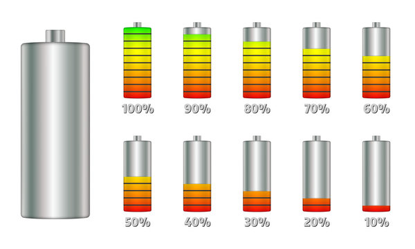 Battery charge level indicators with gradient. Set of discharge and fully charged power cells icons to your design.