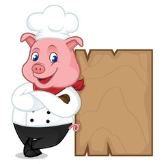 Chef pig cartoon mascot leaning on wooden plank