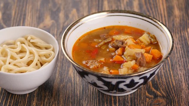 Uzbek lamian on a wooden table