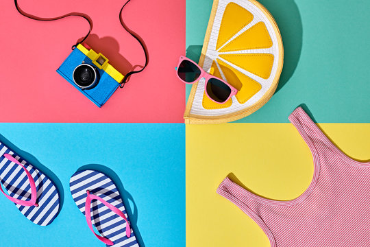 Fashion Film Camera, Retro Design. Summer Clothes Accessories Set. Pop Art Style. Glamor Lemon Citrus Clutch, Trendy fashion Sunglasses. Hipster Beach Outfit. Hot summer color.Creative Bright Concept