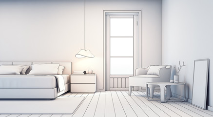 Fototapeta na wymiar Sketch design of bedroom and living room in modern house - Interior 3D rendering