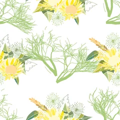 Gordijnen Seamless pattern with summer flowers and leaves on a white background © Rasveta