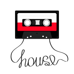 Plastic audio tape cassette with word House music. Retro icon. Recording element. 80s 90s years. Red color template. Flat design. White background. Isolated.