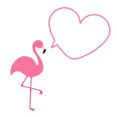 Pink flamingo. Heart frame talking bubble template. Exotic tropical bird. Zoo animal collection. Cute cartoon character. Decoration element. Flat design. White background. Isolated.