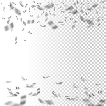 Falling silver confetti on transparent background. Vector holiday design element.