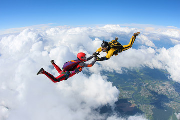 Two skydivers are in the sky.