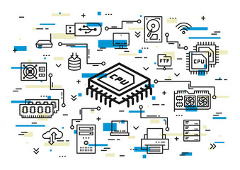 CPU chip and computer components vector illustration with colorful elements. Hardware elements (usb card, cpu chip, keyboard, ram memory, hdd, processor, etc) line art.