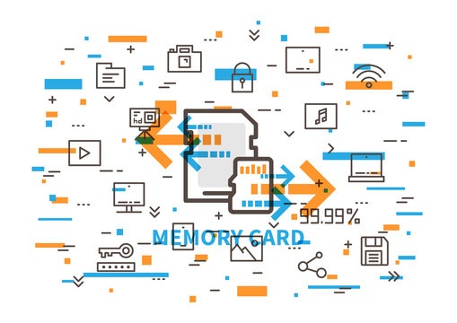 Memory card vector illustration with colorful elements. Sd and micro sd cards with elements (photocamera, action camera, desktop, cloud storage, save pictogram, etc) line art.