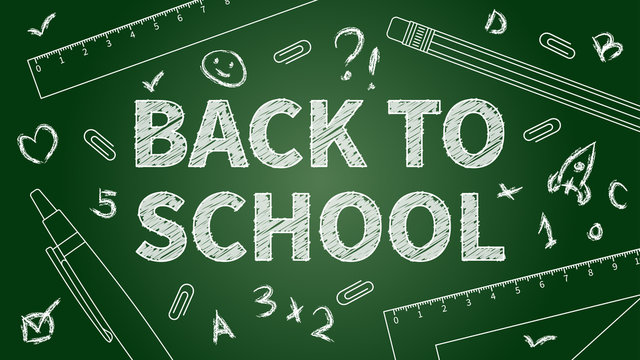 Back to school vector illustration. Line art banner Back to school with different elements (pencil, pen, ruler, staple). Dark green chalk board template graphic design.
