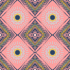 Seamless pattern with ornaments in bohemian style. Native American vector elements painted with grunge brushes