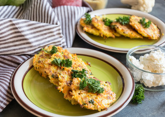 Light crunchy Couscous cakes, cauliflower and spice baked in oven. Excellent and tasty food.