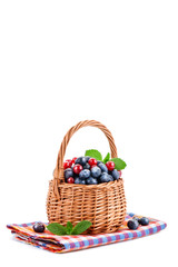 Basket with blueberries and red currants isolated on white background.