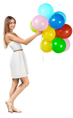 Fototapeta na wymiar Pretty woman with colored balloons
