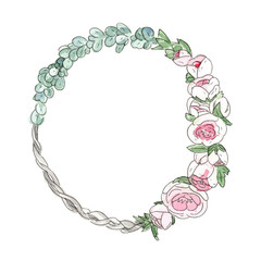 Watercolor illustration. A delicate wreath of pink flowers, twigs and petals in the shape of a circle.Hand painted floral round frame isolated on white background.