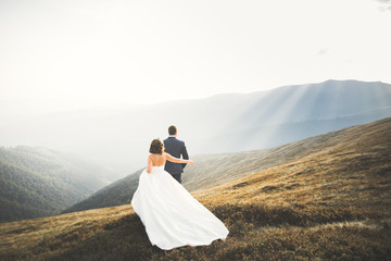 Fototapeta na wymiar Beautiful wedding couple posing on top of a mountain at sunset