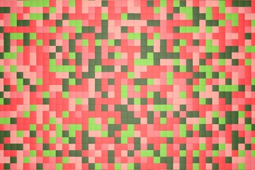 3d illustration: mosaic abstract background, colored blocks red, rose, pink, light and dark green, verdant, leafy, emerald color. Range of shades. small squares, cell. Wall of cubes. Pixels art.Flat
