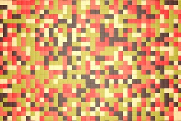3d illustration: mosaic abstract background, colored blocks brown, red, pink, green, beige, yellow color. fall, autumn. Range of shades. small squares, cell. Wall of cubes. Pixels art. flat
