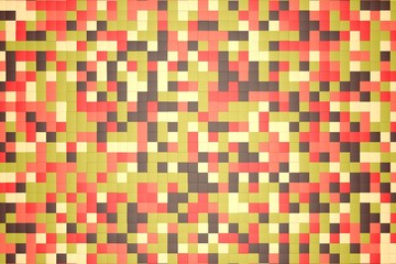 3d illustration: mosaic abstract background, colored blocks brown, red, pink, green, beige, yellow color. fall, autumn. Range of shades. small squares, cell. Wall of cubes. Pixels art. flat
