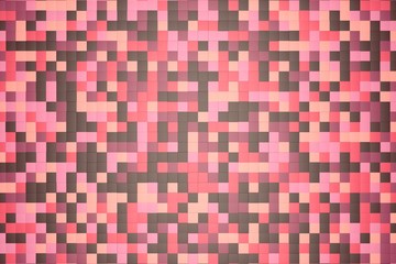 Fototapeta premium 3d illustration: mosaic abstract background, colored pink, red, brown, violet, purple, beige, yellow color. Spring, Sakura, cherry blossom. small squares, cell. Wall of cubes. Pixels art. flat