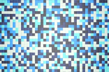 3d illustration: mosaic abstract background, colored blocks white, light and dark blue, turquoise, azure color. Ice winter. Range of shades. small squares, cell. Wall of cubes. Pixels art.
