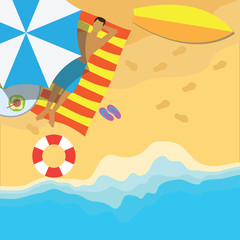 top view of summer vacation with beach items and wave. vector illustration