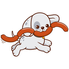 A cute dog running with stolen sausages on his mouth. Vector illustration