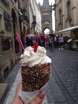 Trdlo with strawberry and cream in Prague. Trdlo is a national bakary. 