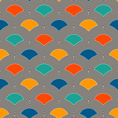 Bright fish scale wallpaper. Asian traditional ornament with repeated scallops. Seamless pattern with vivid semicircles.