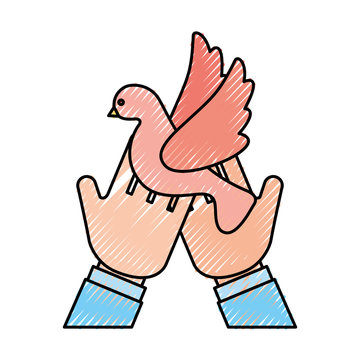 hands human with cute dove flying icon vector illustration design