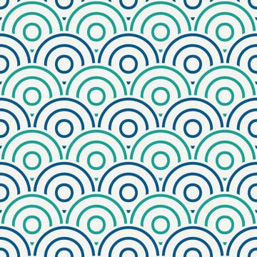 Blue color fish scale wallpaper. Asian traditional ornament with repeated scallops. Seamless pattern with semicircles