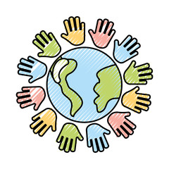 hands human with world planet earth icon vector illustration design