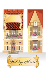  Retro Houses with windows in Northern European style. Holiday packing design.  