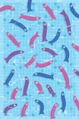 Many small fishes swimming in pool with clear water. Aquarium