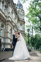 Obraz premium Brautiful newlyweds pose on the porch of an old Austrian estate
