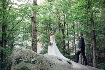 Wedding couple poses on the rock in the forest