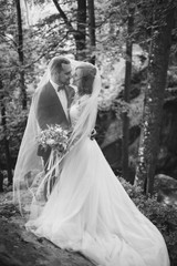 Fototapeta na wymiar Wedding couple kises under the veil standing in the forest