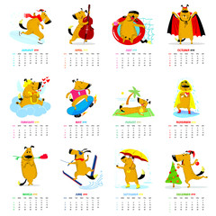 Fototapeta premium Monthly calendar 2018 with cute dogs. Vector illustration with pets