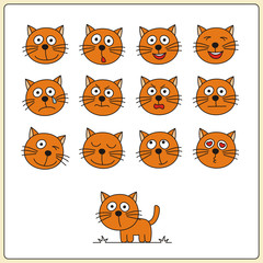 Set face funny kittens in cartoon style. Collection isolated heads of kitten on white backgrounds. 