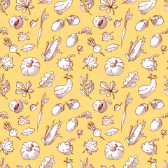 Autumn seamless pattern. Fall season background with leaves and vegetables.