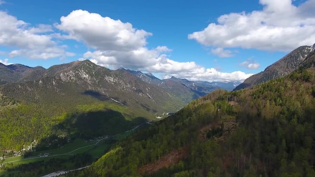 Aerial view on mountains in Triglav national park in Slovenia at spring, panorama 4k
