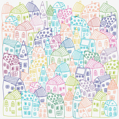 Pattern with artistically Colored houses. Street background in vector. Doodle style.