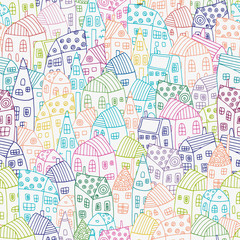 Seamless Pattern with artistically Colored houses. Street background in vector. Doodle style.