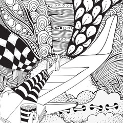 A man sits on the aircraft wing of an airplane and drinks coffee. Sky, sun, clouds, legs. It's time to travel. Coloring book for adult.