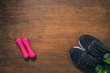 Sports equipment on wooden table for sports activities., Sport accessories.