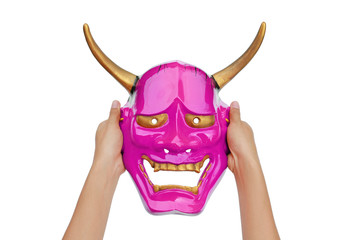 Hands holding Kabuki Mask on white background.