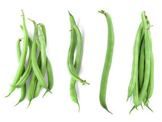Collage of green beans on white background