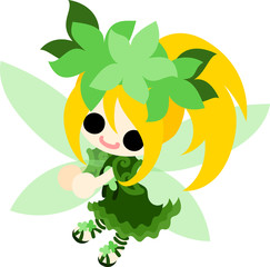 The illustration of green flowers and a cute fairy

