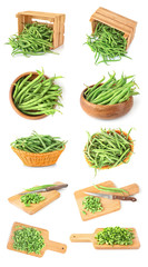 Collage of green beans on white background